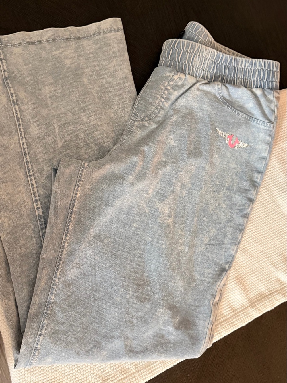 True Religion Pale Blue Wide Leg Pants with Pink Logo Accent